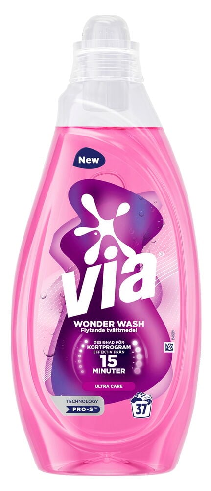 Rosa Tvättmedel, flytande Via Wonder Wash 1,48 l Ultra Care i konturerad flaska.