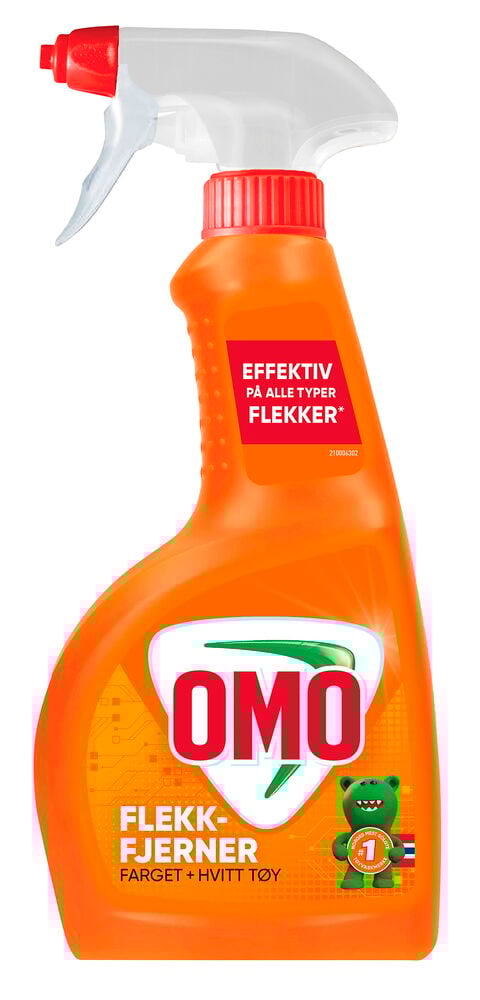 Oransje Omo flekkfjerningssprayflaske med hvit etikett, rød kork og spraydyse, forfra.