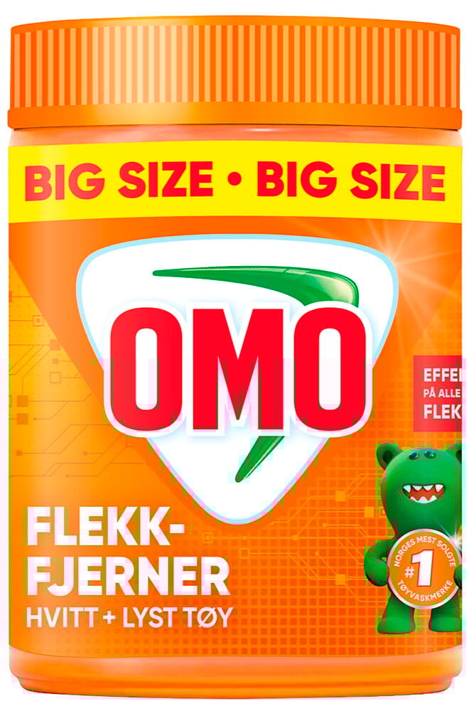 Flekkfjerningspulver Omo 900 g i oransje beholder med gul 'BIG SIZE' etikett.