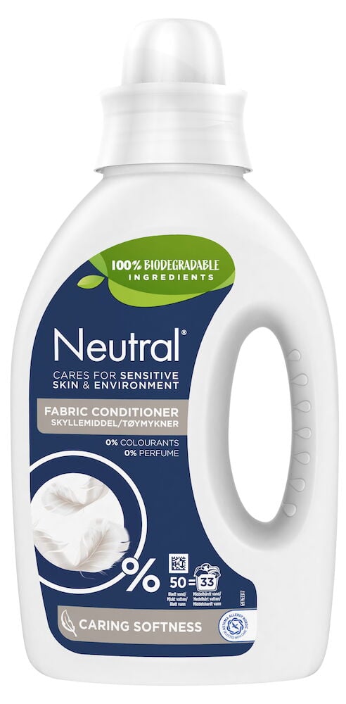 Hvite plastflaske Neutral skyllemiddel med blå etikett.