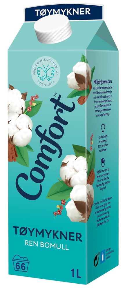 Turkis skyllemiddelforpakning med bomull og Comfort-logo.
