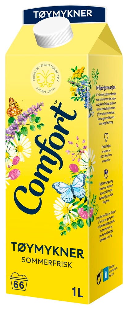 Gul kartong med blomster og Comfort-logo.