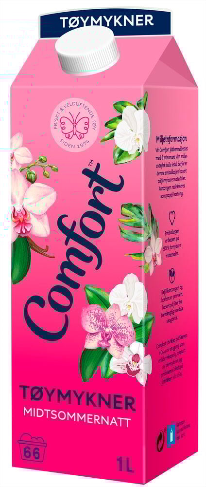 Rosa emballasje Comfort tøymykner med hvite blomster.