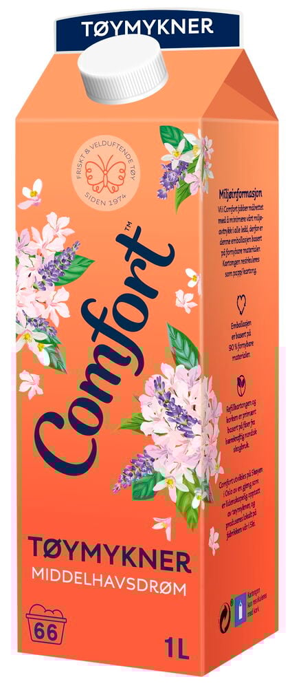 Orange skyllemiddelforpakning med blomstermotiv og hvit kork.