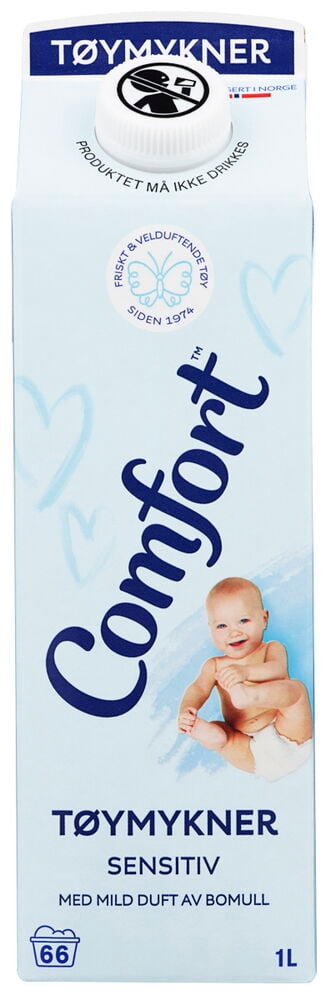 Lyseblå Tøymykner Comfort 1 l Sensitive kartong med 'drikk ikke' advarsel og en smilende baby.