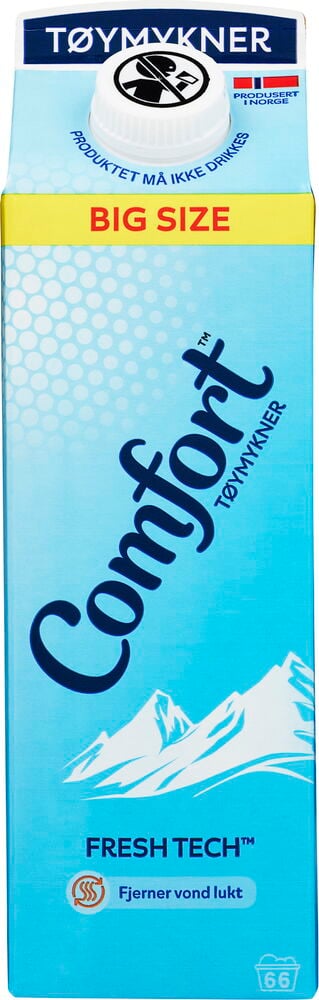 Lyseblå Tøymykner Comfort 1 l Fresh Tech kartong med hvit kork og 'må ikke drikkes'-symbol.