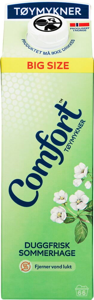 Tøymykner Comfort 1 l Duggfrisk Sommerhage i grønn kartong med hvit kork og hvite blomster.