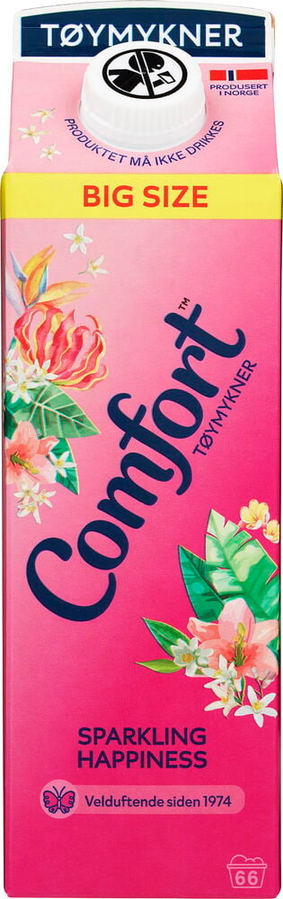 Tøymykner Comfort 1 l Sparkling Happiness i rosa kartong med blomstermønster og hvit kork.