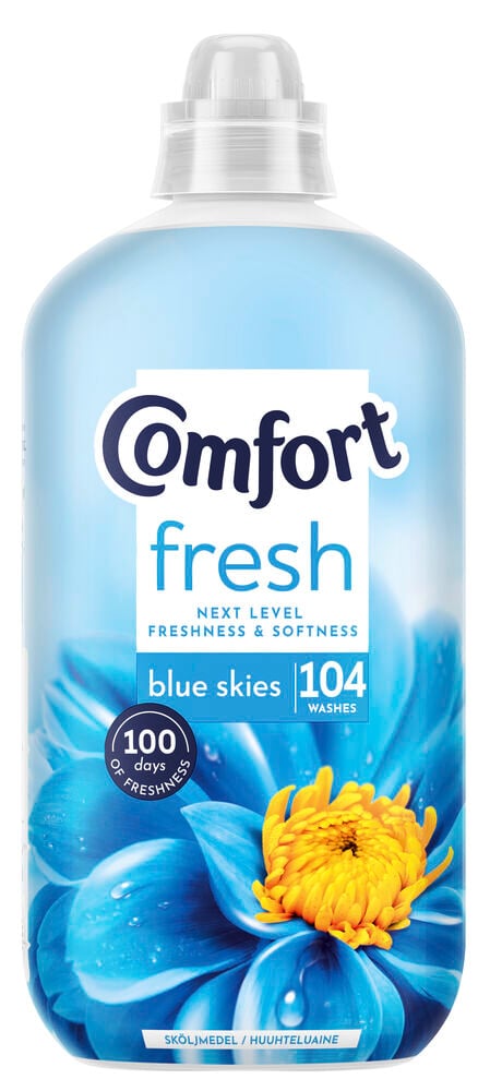 Blå plastflaska med blommotiv och Comfort etikett.