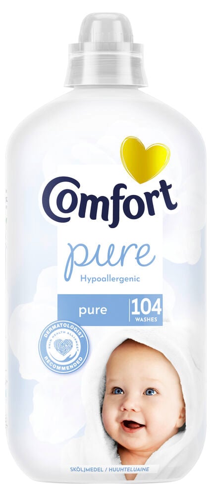 Vit sköljmedelsflaska med blå text och leende baby.