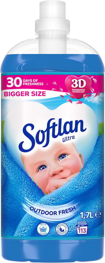 Blå flaska Softlan sköljmedel med bebis på etiketten.