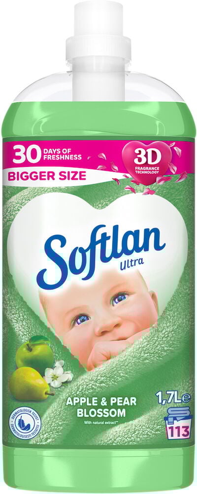 Grön plastflaska Softlan sköljmedel äpple päron motiv.