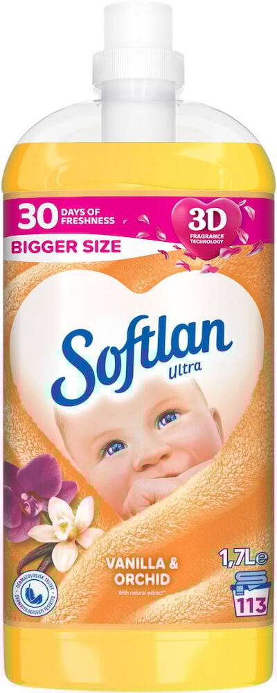 Gul sköljmedelsflaska med bild på bebis.