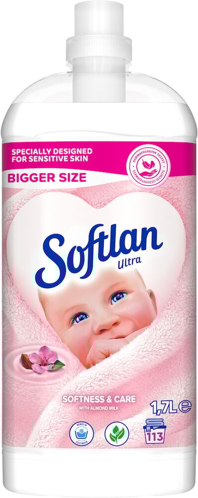 Rosa flaska med bebisbild och Softlan logotyp.