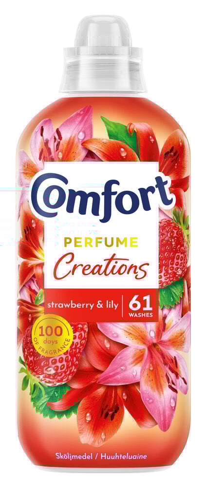 Röd flaska med jordgubbar och liljor på etiketten.