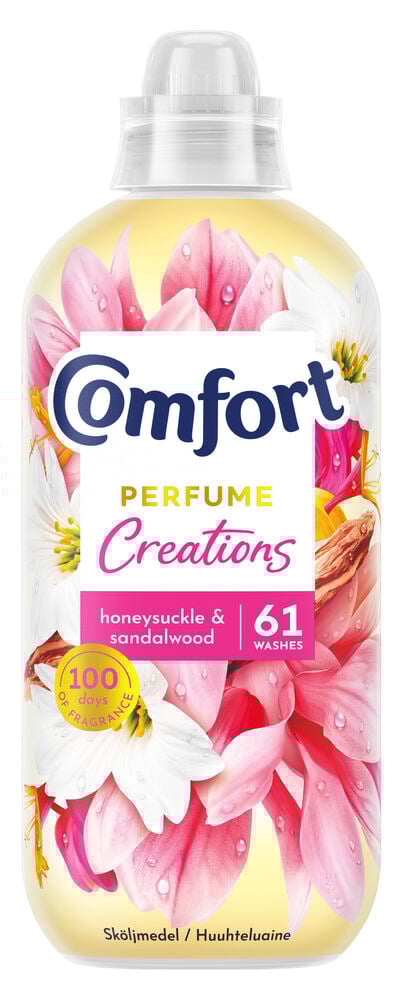 Färgglad flaska sköljmedel med blommor och sandalwood.