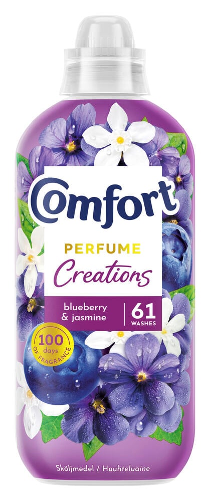 Lila flaska Comfort sköljmedel med blåbär och jasmin.