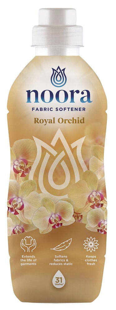 Genomskinlig flaska med blommönster och vitt lock.