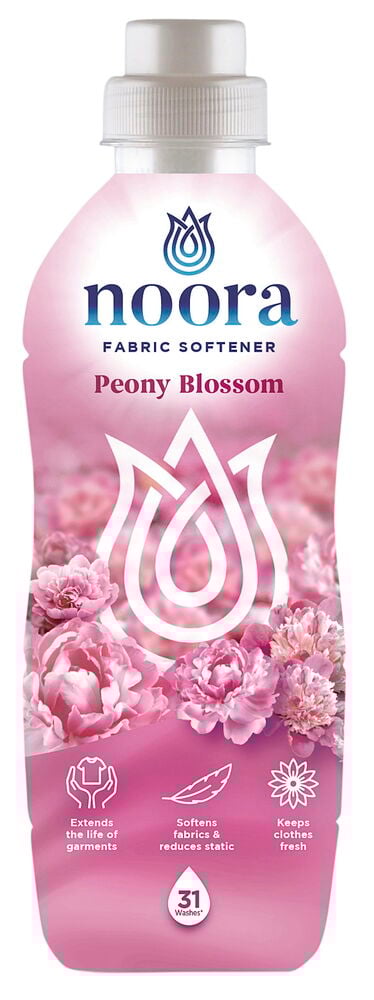 Rosa flaska sköljmedel med pionblommor på etiketten.