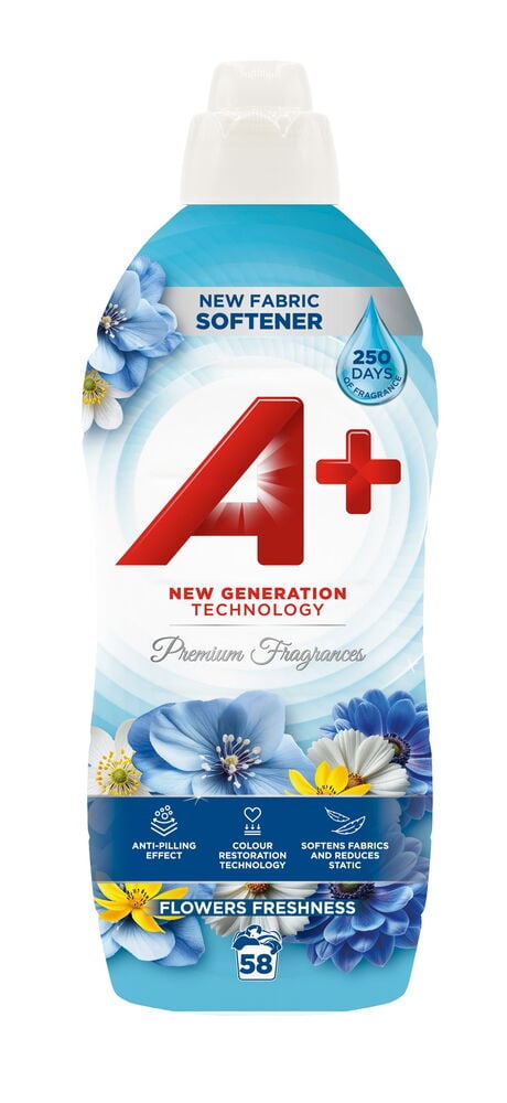Tøymykner A+ 928 ml Flower Freshness, blå og hvit flaske med rød A+-logo og blomster.