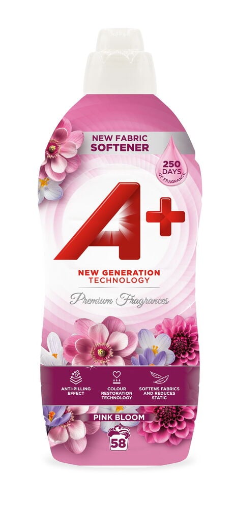 A+ Tøymykner Pink Bloom i en rosa og hvit flaske med hvit kork, 58 vask, sett forfra.