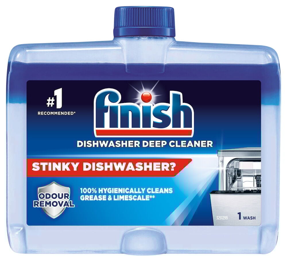 Suorakulmainen sininen pullo, jossa Finish astianpesukoneen puhdistusaine.