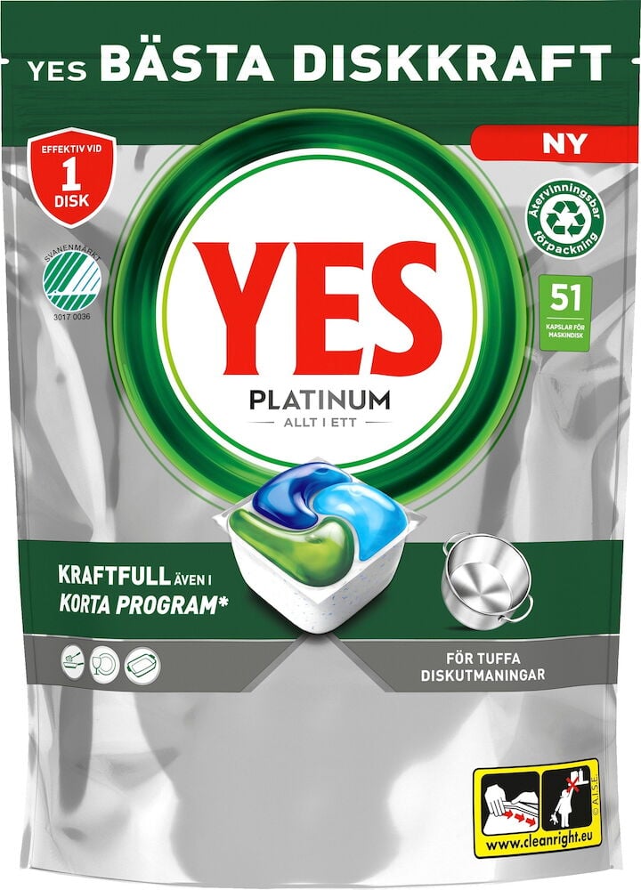 Förpackning med Yes Platinum maskindisktabletter allt i ett.