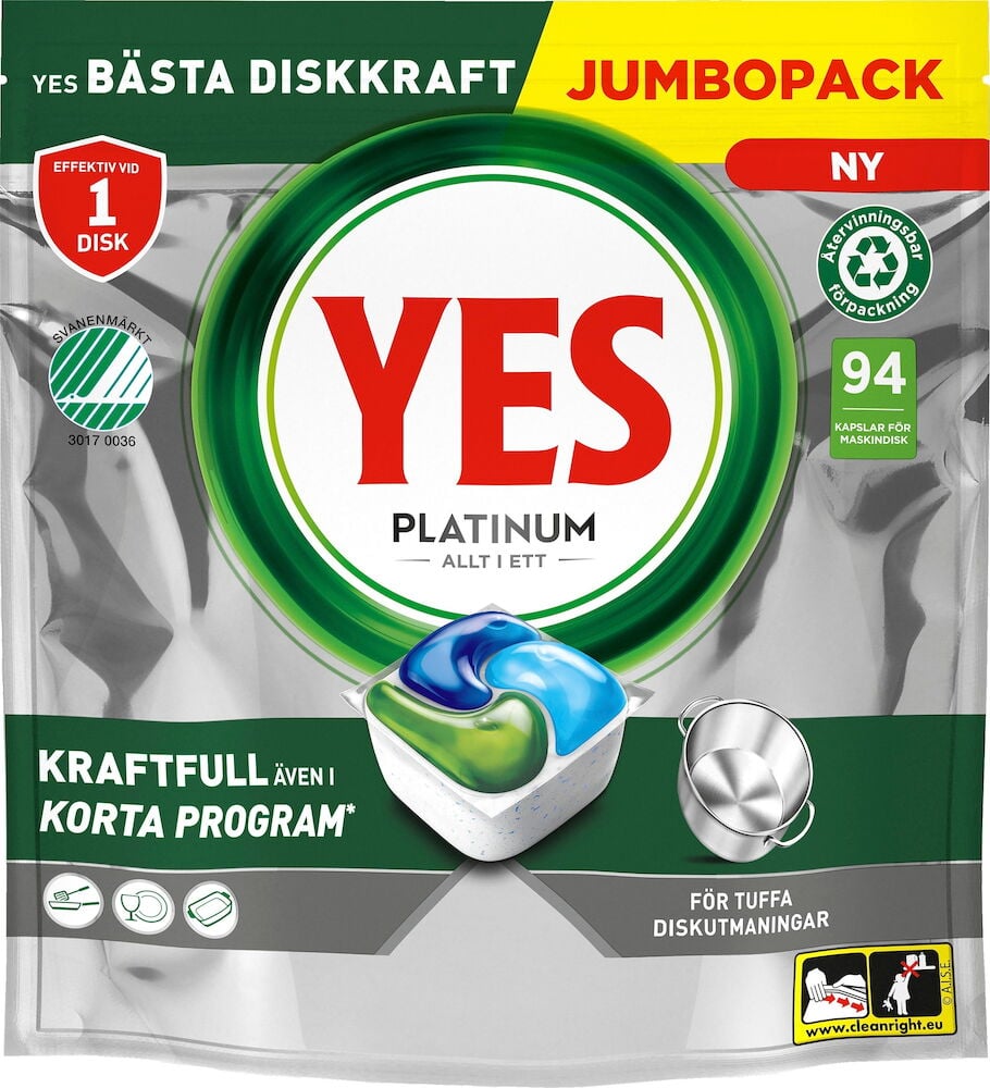 Förpackning Yes maskindisktabletter platinum jumbo 94 kapslar.