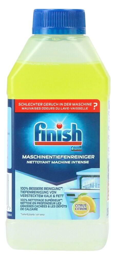 Eine gelbe Flasche Maschinenreiniger für Geschirrspülautomaten Finish 250 ml Citrus mit blauem Deckel und Etikett, Vorderansicht.