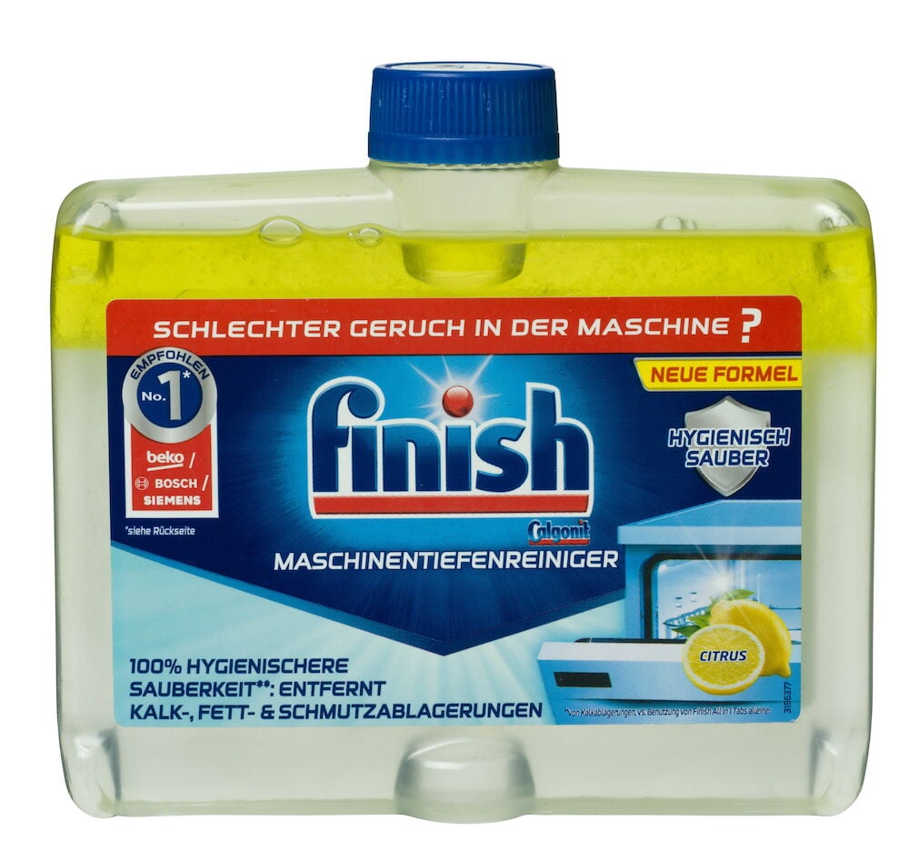 Maschinenreiniger für Geschirrspülautomaten Finish 250 ml Citrus, klare Flasche mit gelber Flüssigkeit, blauer Deckel.