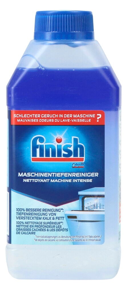Maschinenreiniger für Geschirrspülautomaten Finish 250 ml, transparente Flasche mit blauer Flüssigkeit und blauem Schraubverschluss, Vorderansicht.
