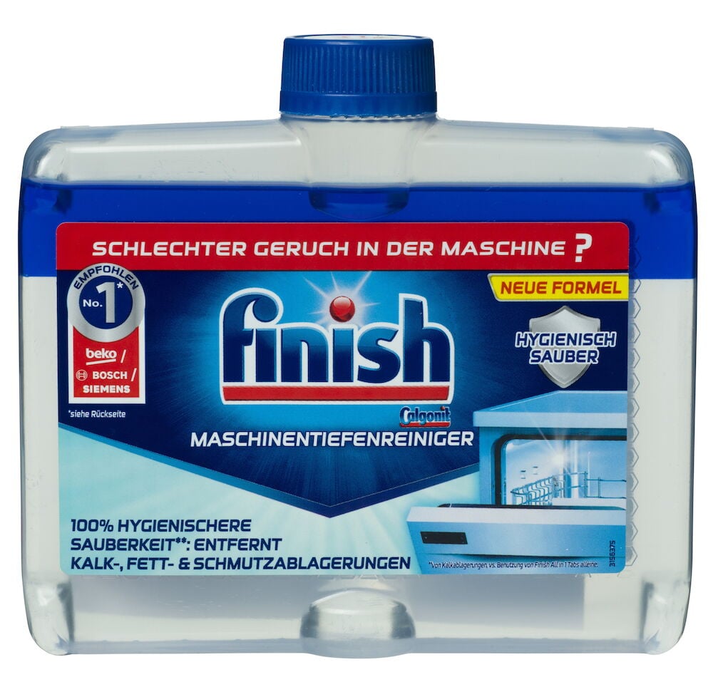 Maschinenreiniger für Geschirrspülautomaten Finish 250 ml, transparente Flasche mit blauem Deckel und blau-klarer Flüssigkeit.