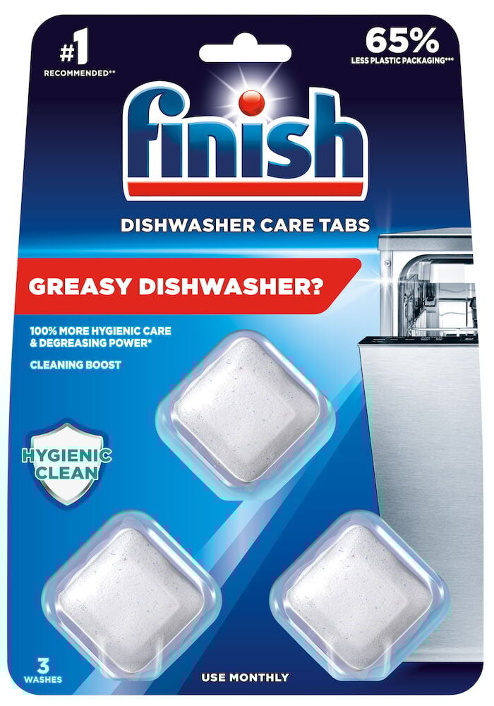 Kolme puhdistustablettia sinisessä pakkauksessa.