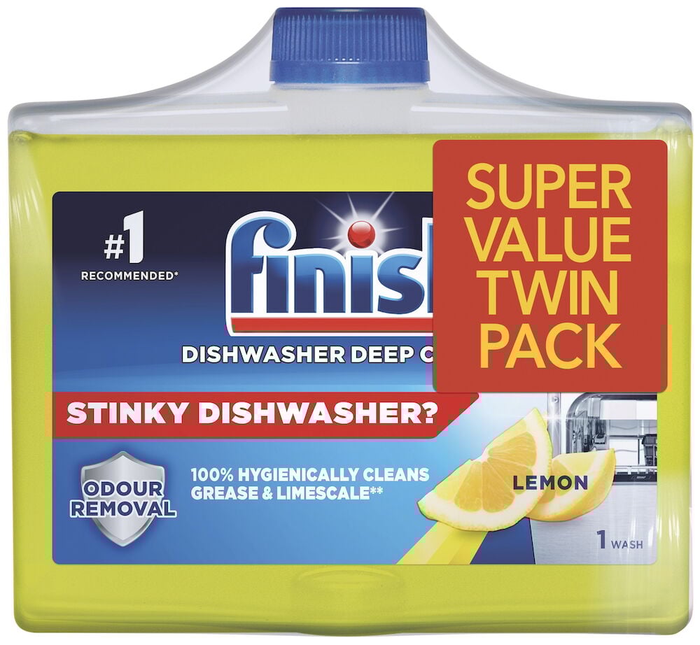 Kaksi keltaista pullollista Sitruunan tuoksuista Finish-astianpesukonetta puhdistavaa ainetta.