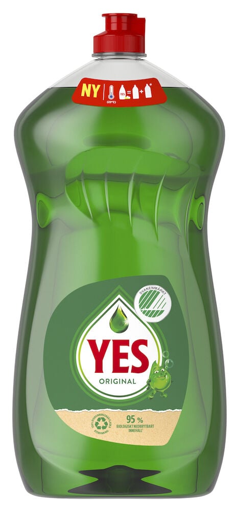 Grön flaska Yes diskmedel med röd plastkork.