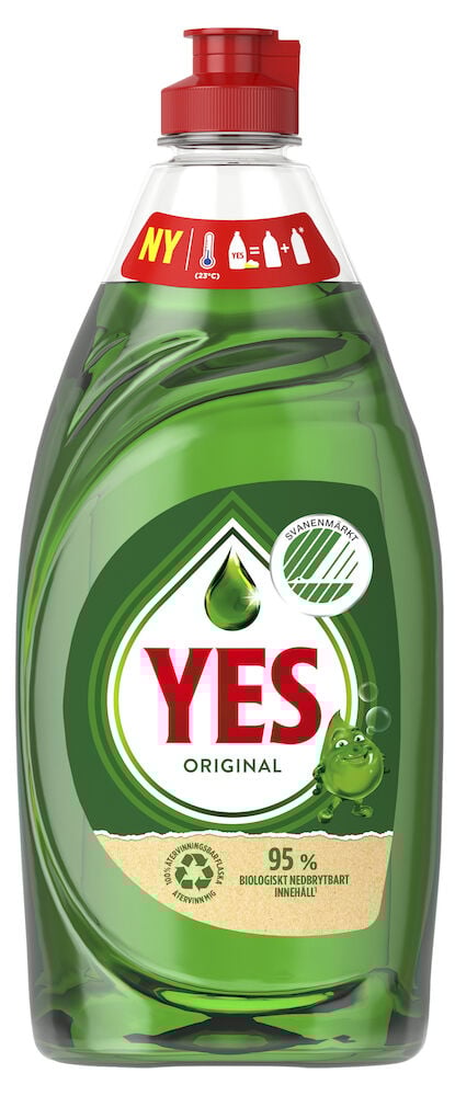 Grön diskmedelsflaska med rött plastlock och etikett.