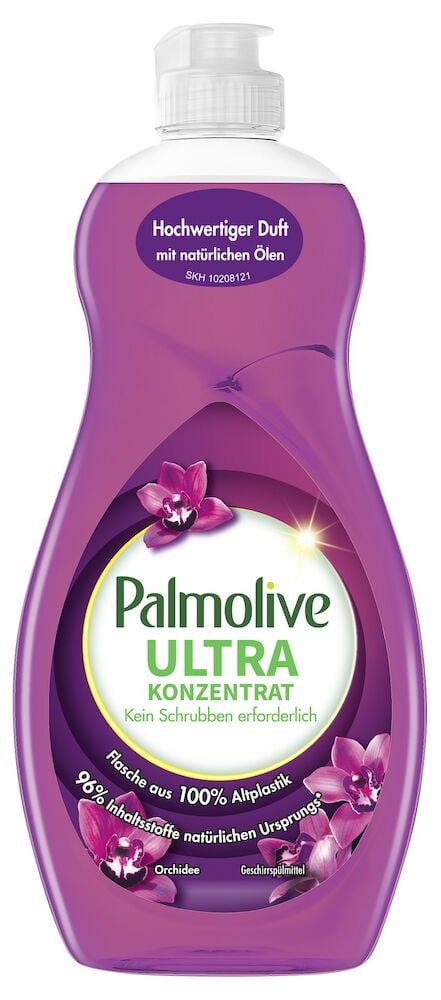 Lila Palmolive 500 ml Handspülmittelflasche mit weißem Verschluss und Orchideenmotiv.