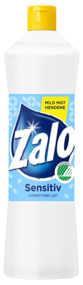 Hvit flaske Zalo Sensitiv oppvaskmiddel med blå etikett.