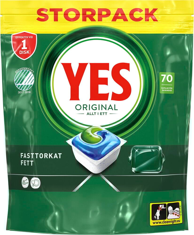Grön förpackning med Yes Original diskmaskinstabletter 70-pack.
