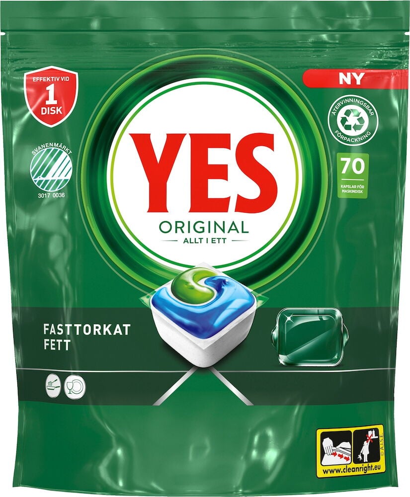 Grön förpackning med Yes maskindisktabletter, 70 stycken.