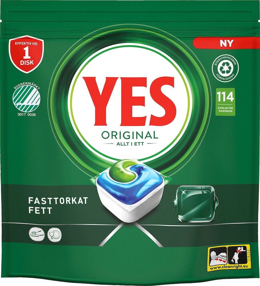 Grön förpackning Yes Original maskindisktabletter med logotyp.