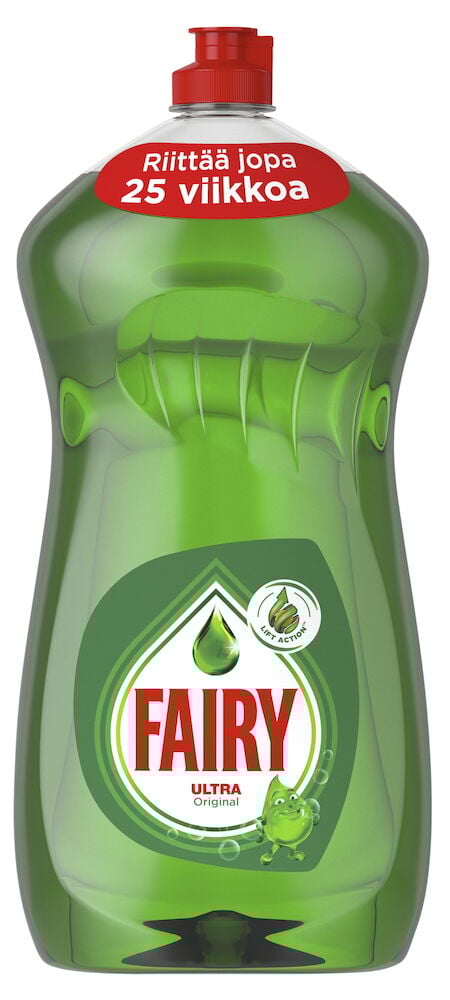Vihreä muovipullo Fairy-astianpesuainetta, jossa on punainen korkki.