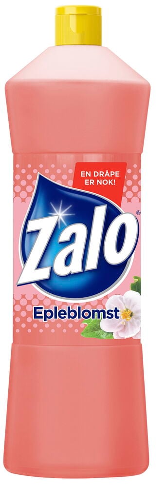 Rosa oppvaskmiddel flaske med gul kork og etikett.