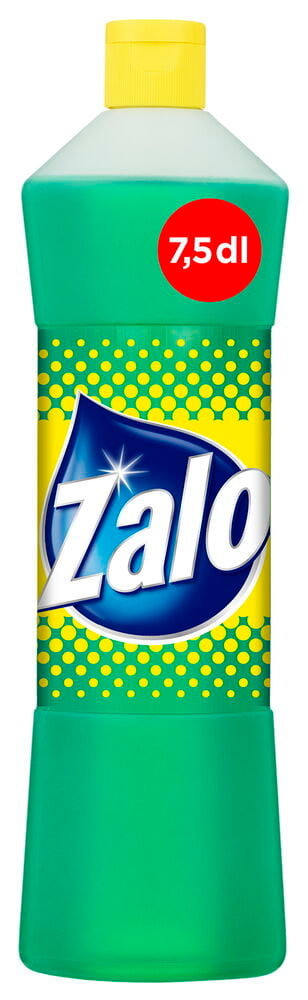 Grønn oppvaskmiddelflaske med gul kork og etikett.