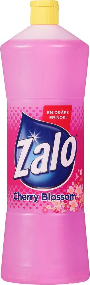 Oppvaskmiddel Zalo 750 ml Cherry blossom i rosa flaske med gul kork og rød tekst.