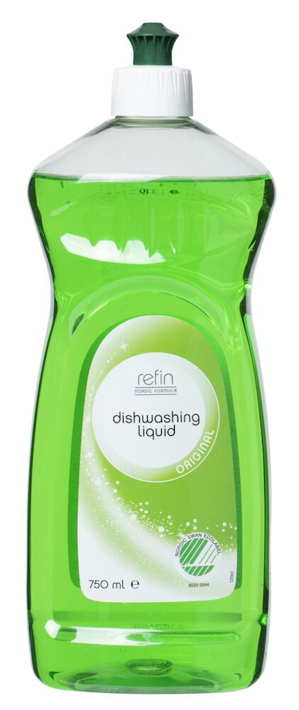 Grüne Plastikflasche mit Spülmittel und weißem Verschluss.