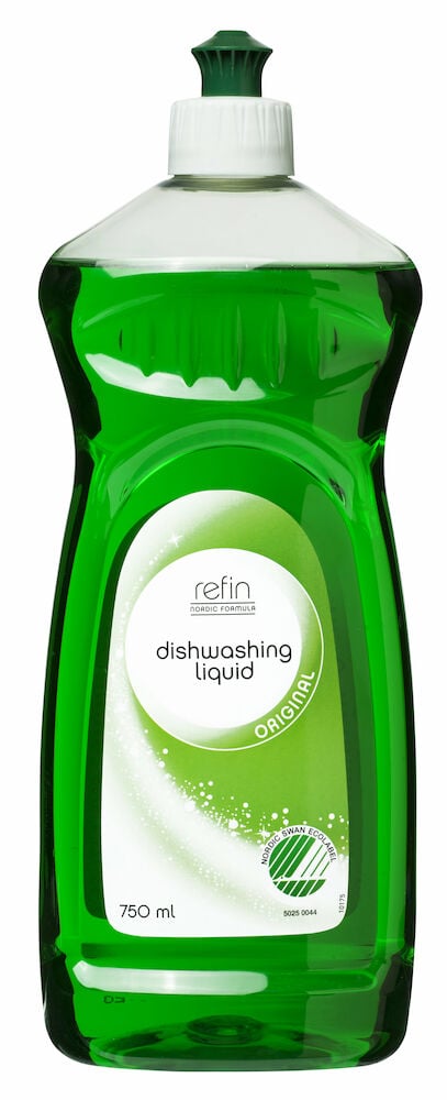 Grüne Plastikflasche mit Spülmittel und weißem Plastikverschluss.