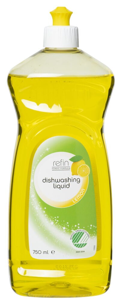 Gelbe Spülmittelflasche mit Zitronenduft und dem Nordischen Umweltzeichen.