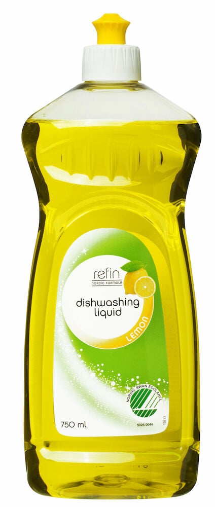 Gelbe Spülmittelflasche mit Zitronenmotiv und dem Schwanen-Label.