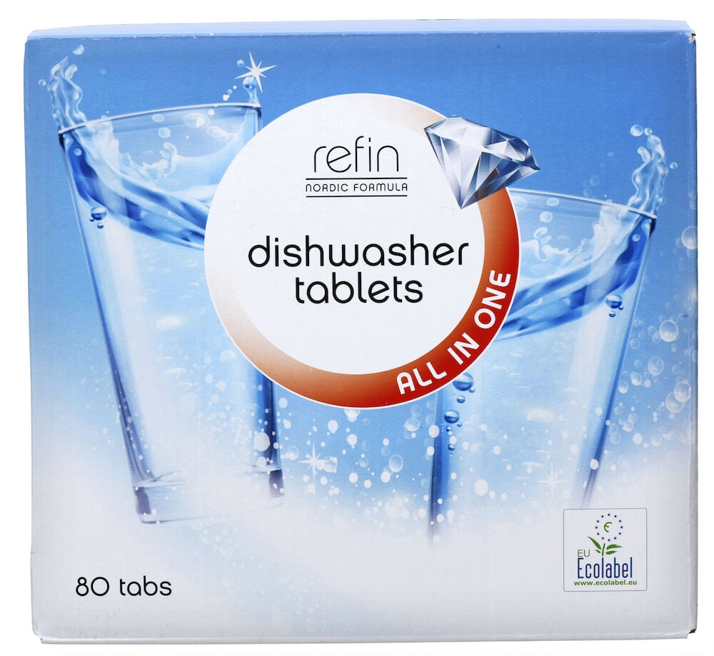 Blå förpackning med Refin maskindisktabletter åttio stycken.